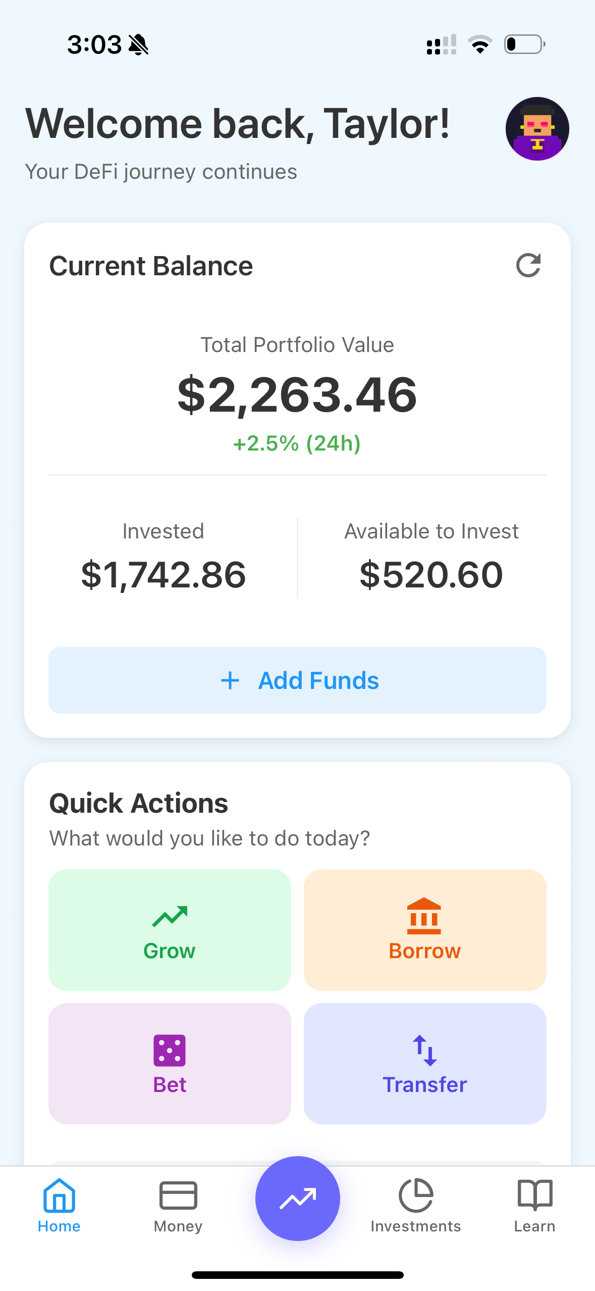 Dashboard screen showing wallet balance